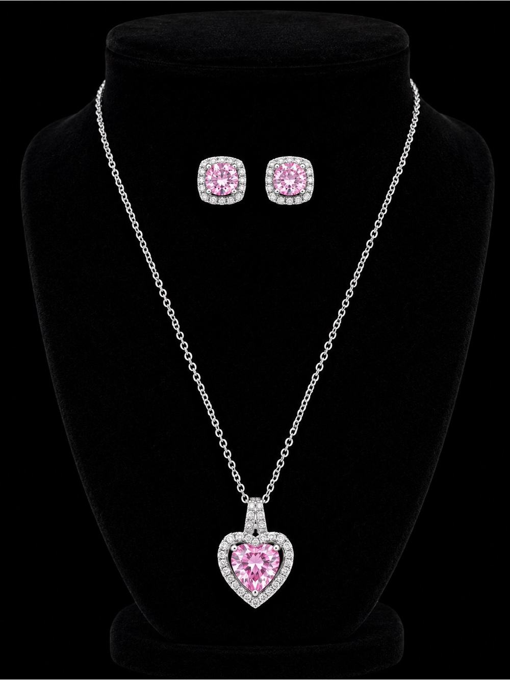 Silver-Tone Pink Heart Pendant Swarovski elements Necklace & Stud Earrings Set